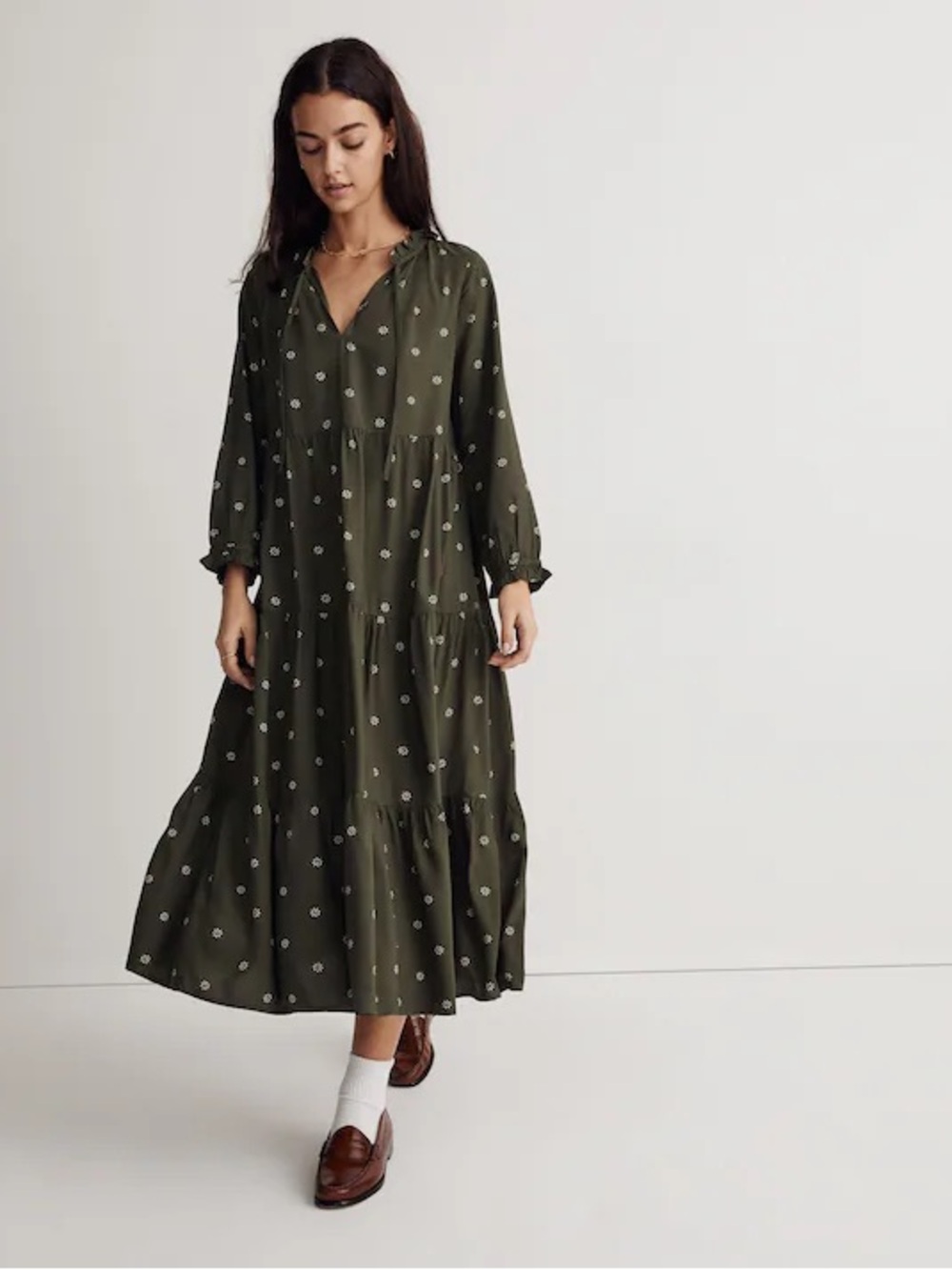 Madewell Tie-Neck Tiered Midi Dress in Stardot 2X